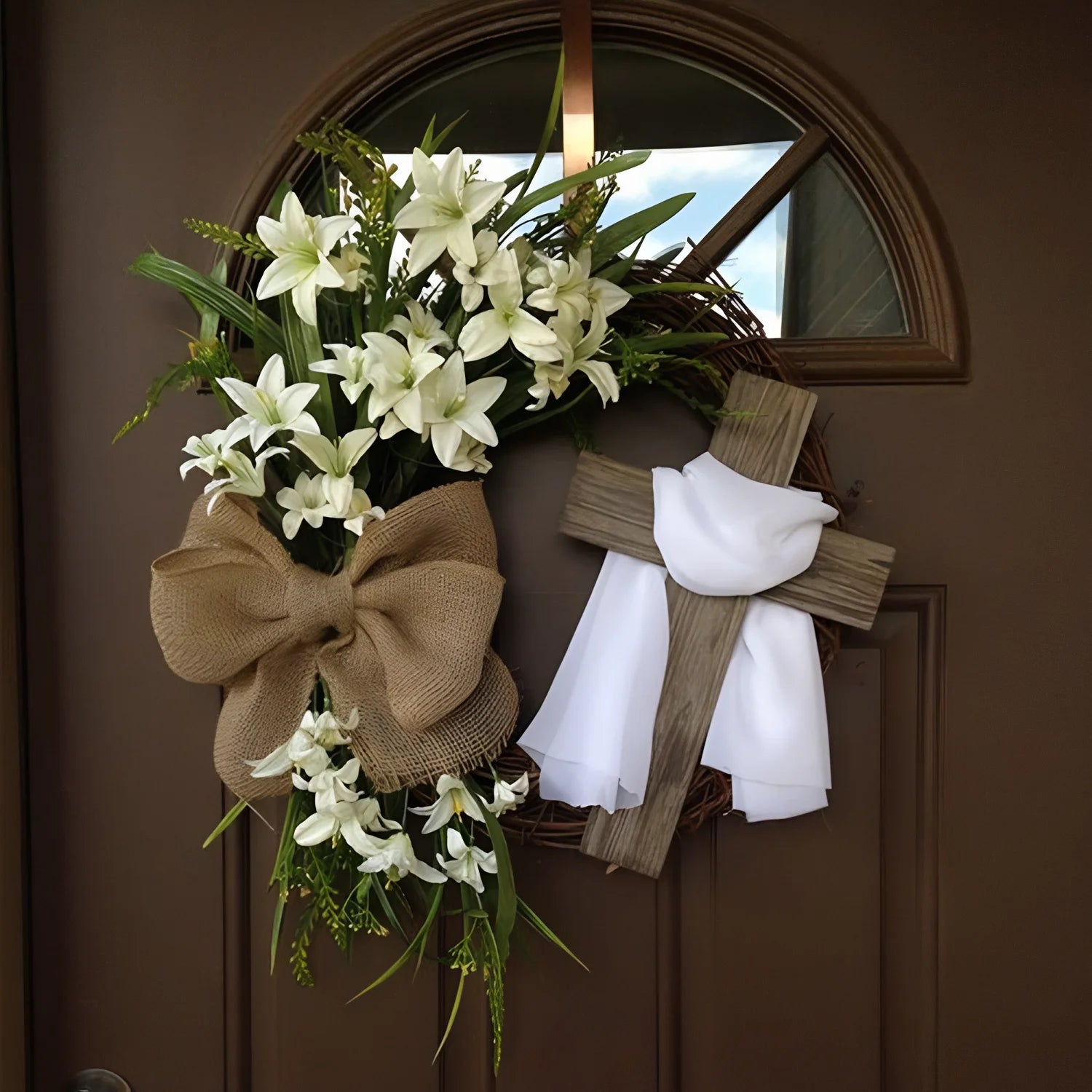 easter cross wreath on a door