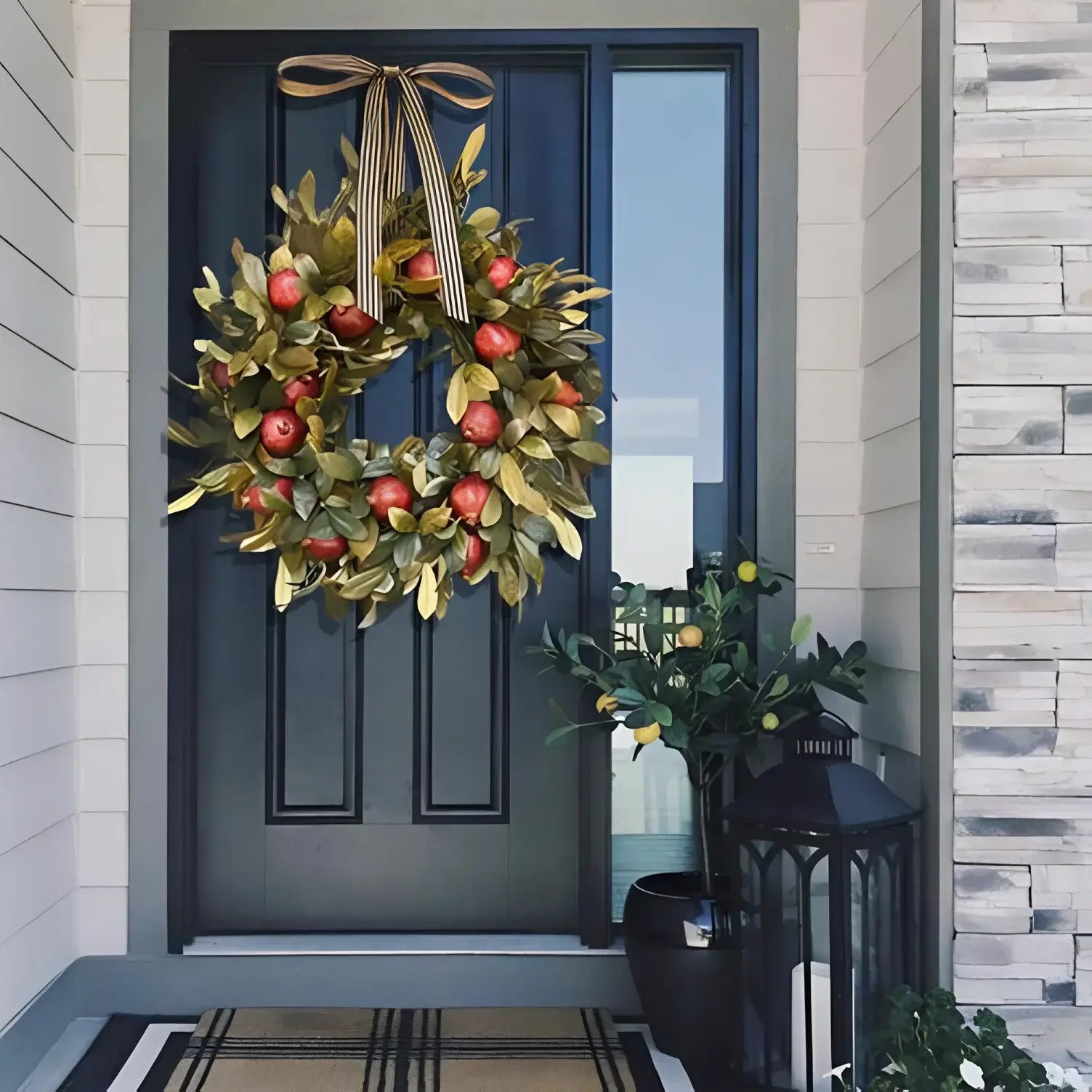 pomegranate wreaths on a door