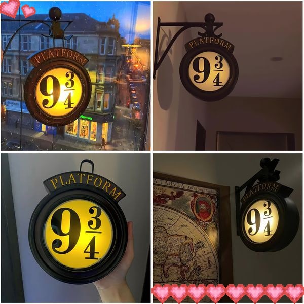 A collage of images of the Harry Potter night light from platform 9 3/4 shown being held by a hand, mounted on a wall, and mounted outside