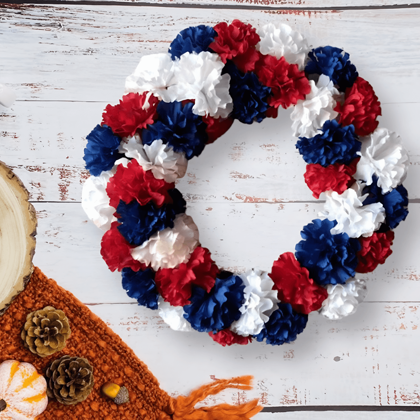 independence day mesh wreath on a table